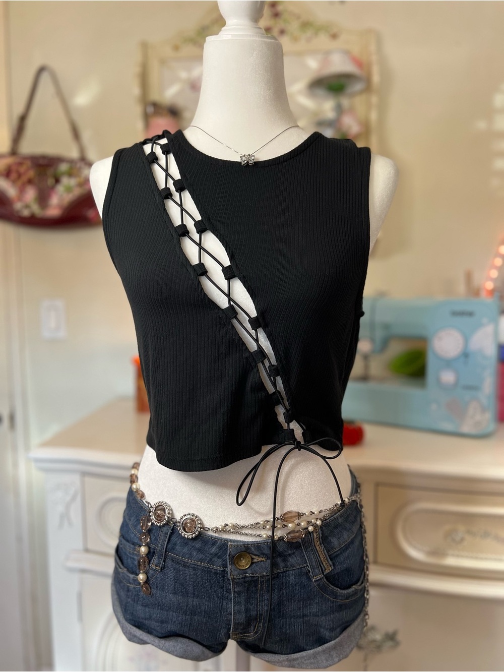 Derek Heart Black Ribbed Lace-Up Crop Top